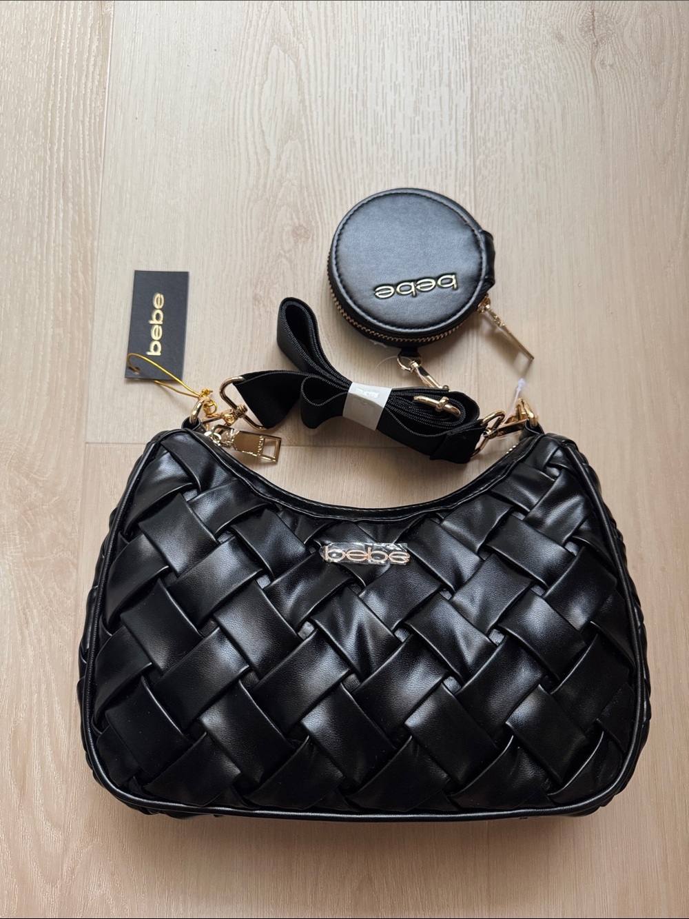 bebe Black Woven Shoulder Bag with Coin Pouch and Removable Strap
